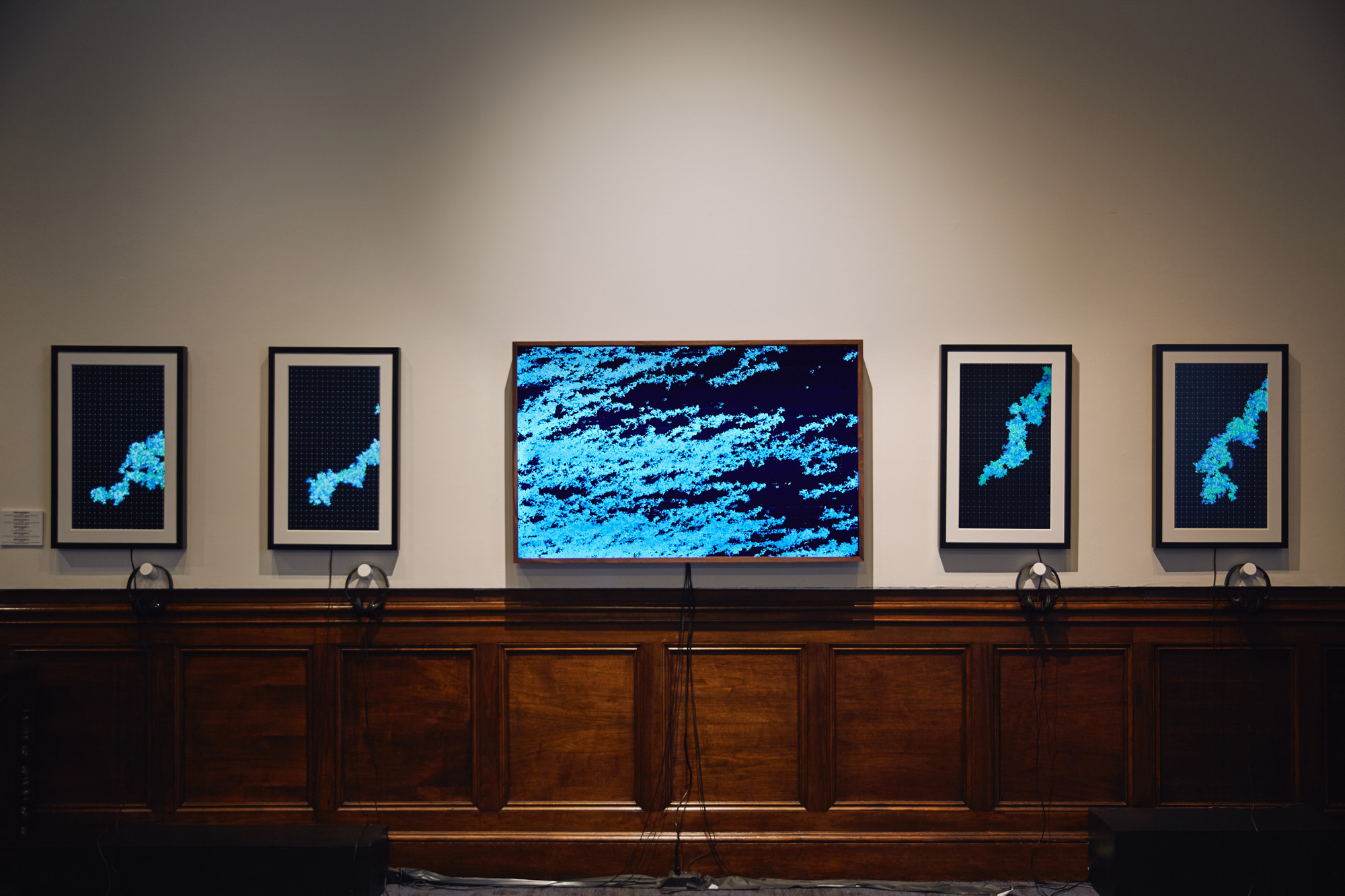 Exhibition shot of 5 Enter The Machine pieces in a row, hanging on a wall. Two portrait-sized frames showing ETM video content flank a ETM 1.0 landscape lightbox on both sides.