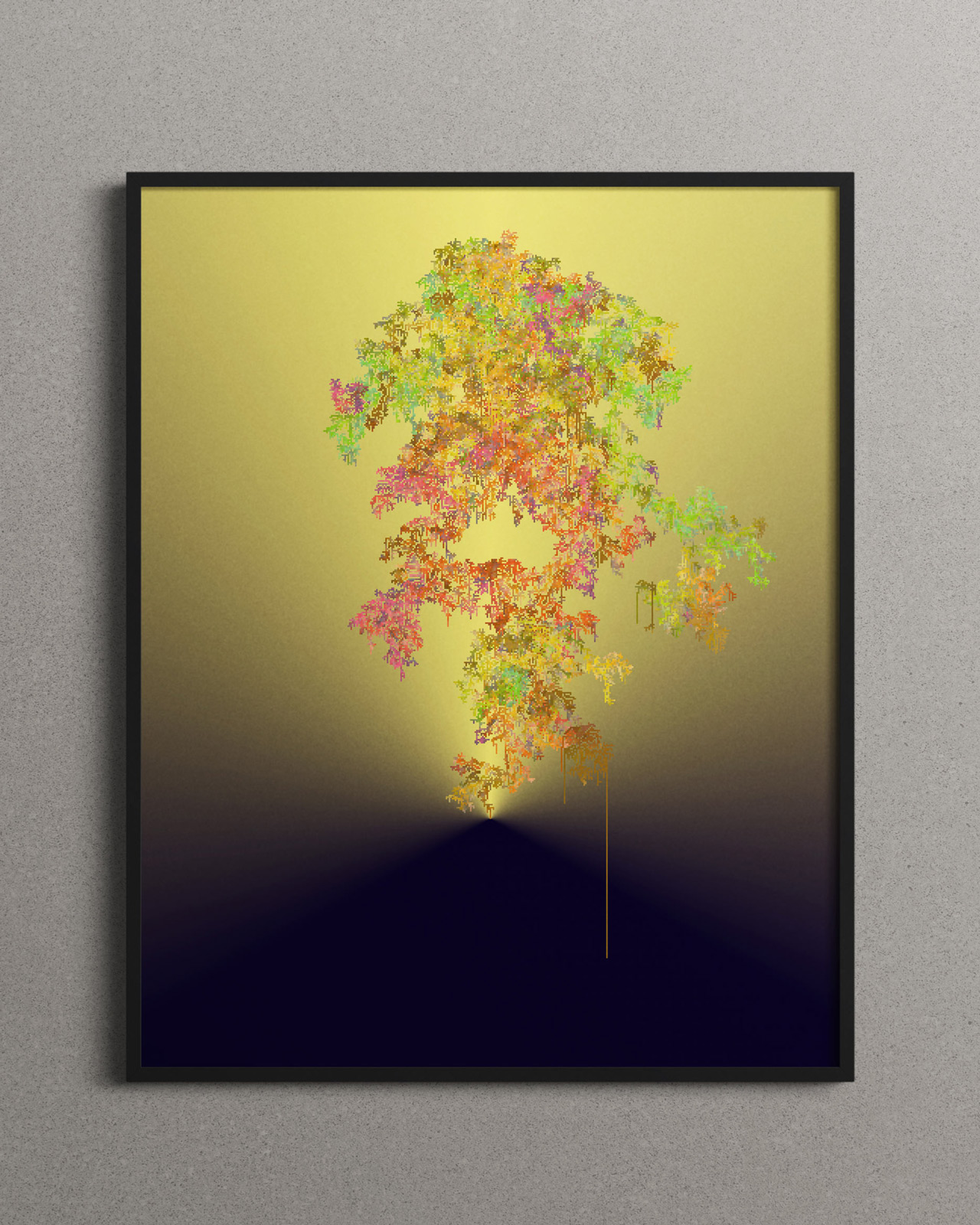 Poster of an algorithmically generated golden yellow, and orange image on a black frame hanging on a gray wall.
